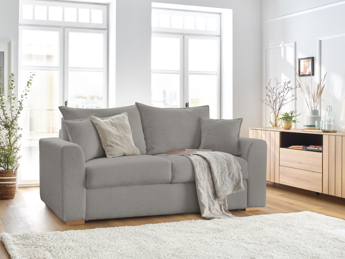 Bobochic Augustin Schlafsofa 3-Sitzer Bouclé-Stoff Hellgrau, Liegefläche 140 × 200 cm