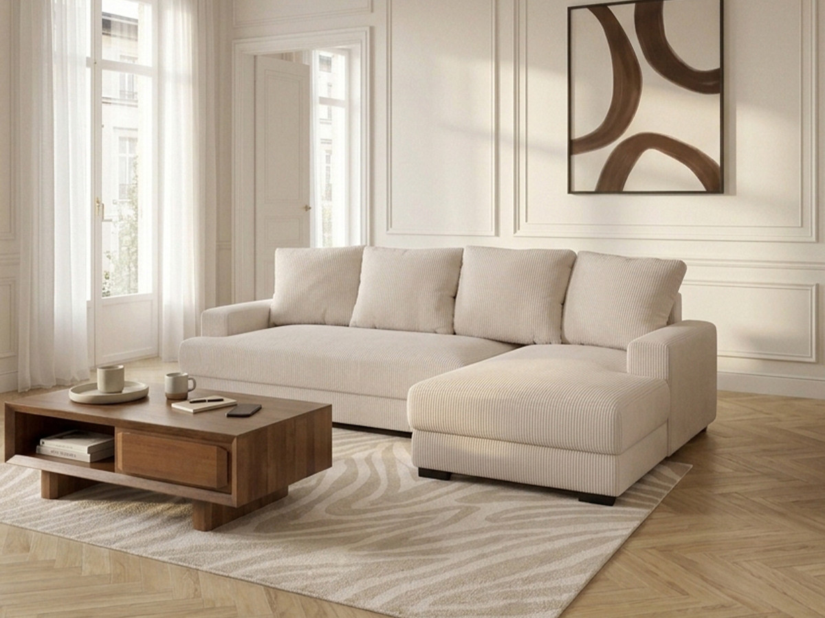 Bobochic Campi Ecksofa mit Schlaffunktion und Bettkasten Cordsamt Beige Ecke rechts