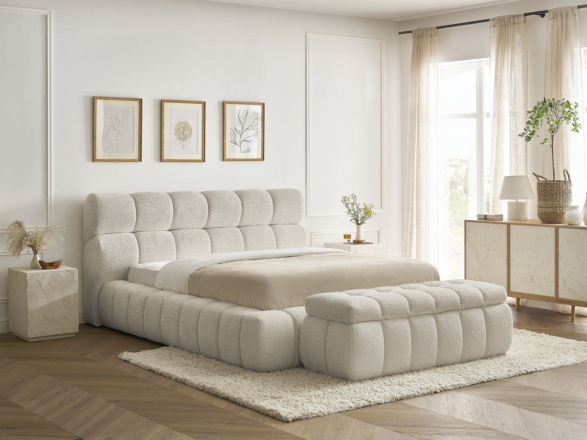 Bobochic Mont-blanc Polsterbett mit Bettkasten mit Bettbank Bouclé-Stoff Beige, Liegefläche 140 × 190 cm