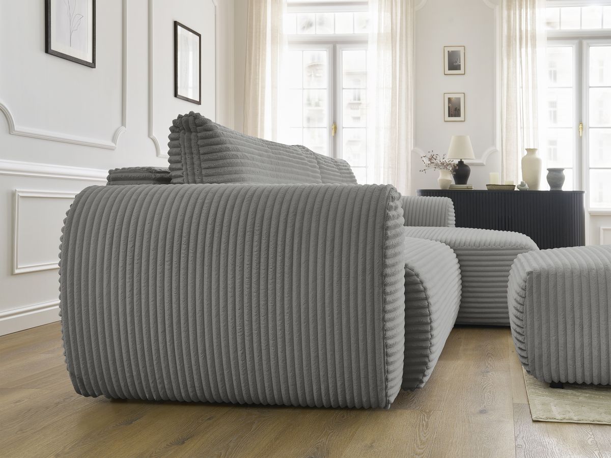 Bobochic Lucien Ecksofa mit Schlaffunktion und Bettkasten und Pouf 314 × 167 cm Breitcord weich Dunkelgrau Ecke rechts