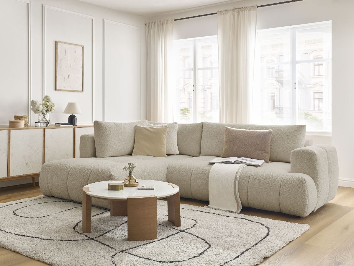 Bobochic Fuji Ecksofa mit Schlaffunktion und Bettkasten 282 × 204 cm Bouclé-Stoff Beige Ecke links