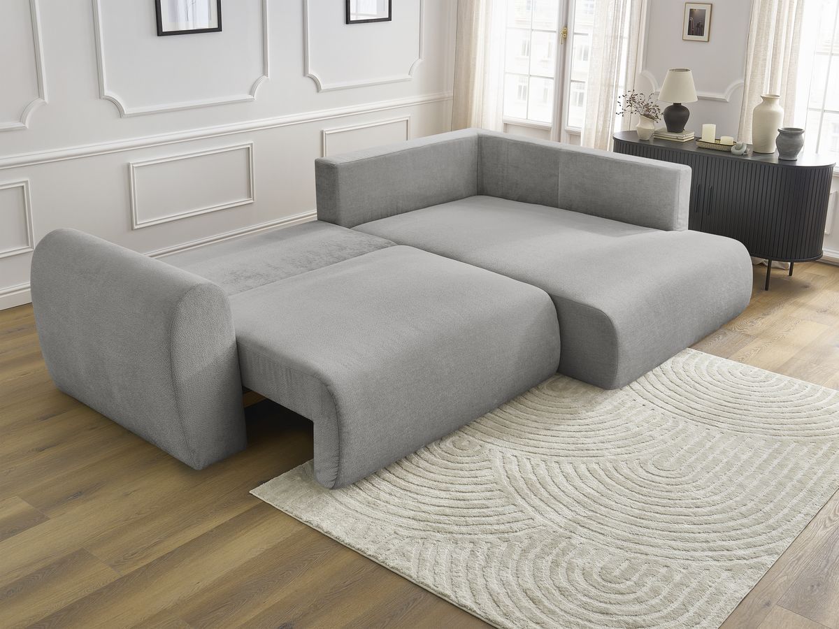 Bobochic Lucien Ecksofa mit Schlaffunktion und Bettkasten 296 × 198 cm Stoff Hellgrau Ecke rechts