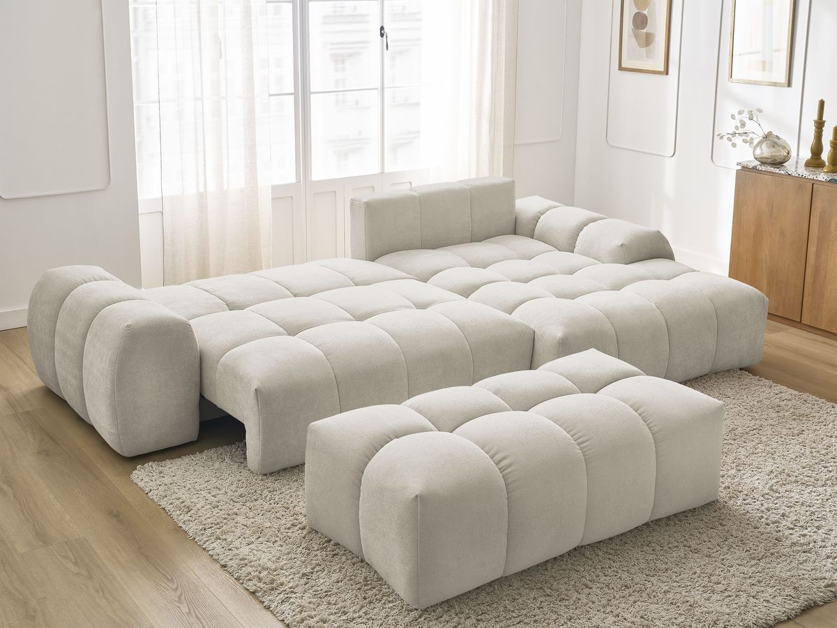 Bobochic Everest Ecksofa mit Schlaffunktion und Bettkasten und Pouf 318 × 180 cm, 7 Kissen Strukturstoff Beige Ecke rechts