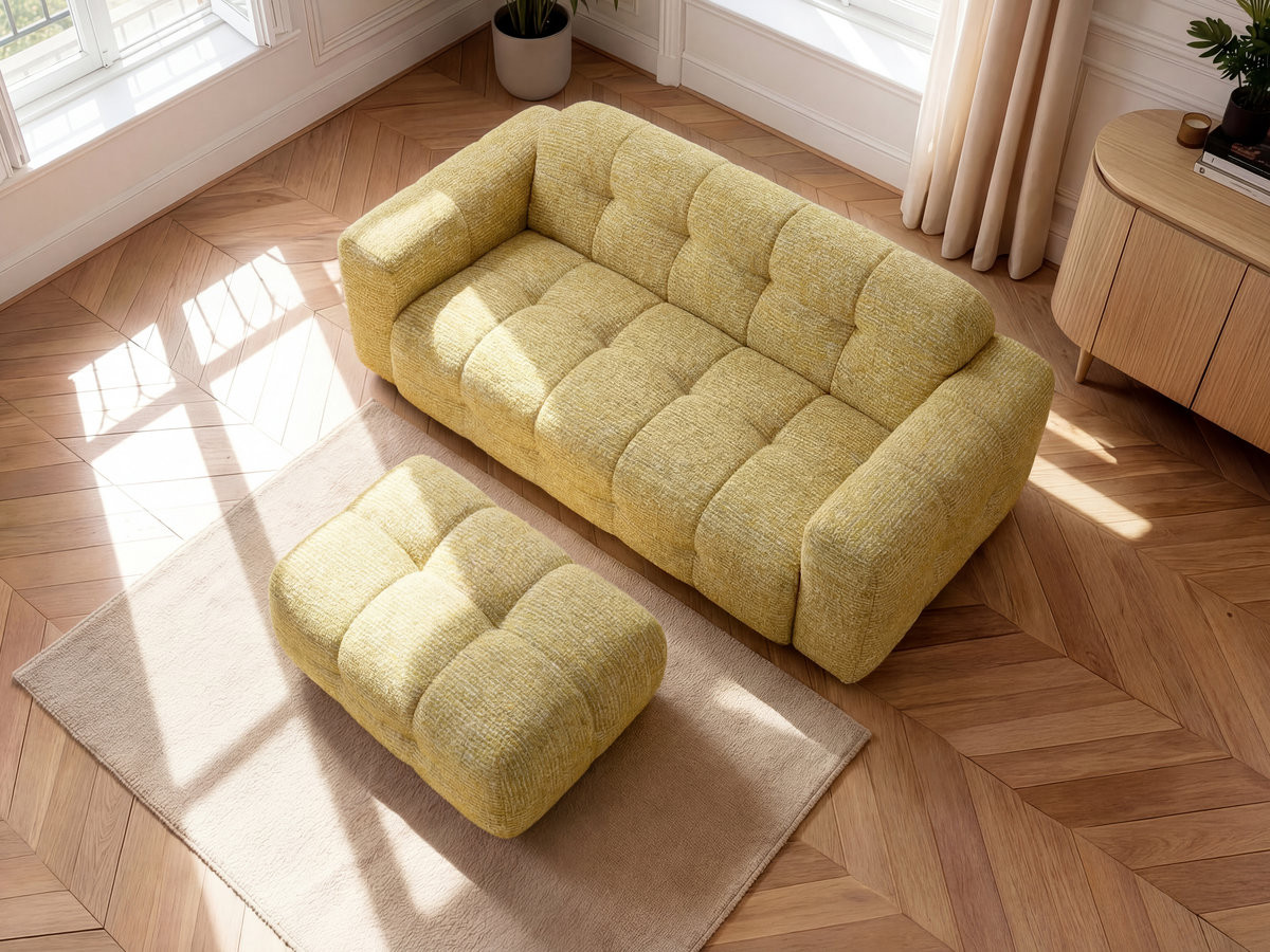 Bobochic Laura Sofa 3-Sitzer mit kleinem Pouf Melange-Stoff Gelb