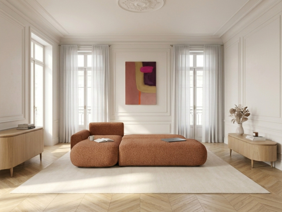 Bobochic Tango Ecksofa mit Schlaffunktion und Bettkasten Bouclé-Stoff Orange Ecke links