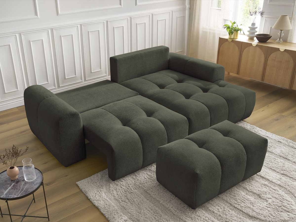 Bobochic Roxelane Ecksofa mit Schlaffunktion und Bettkasten und Pouf 258 × 150 cm Melange-Stoff Grün Ecke rechts