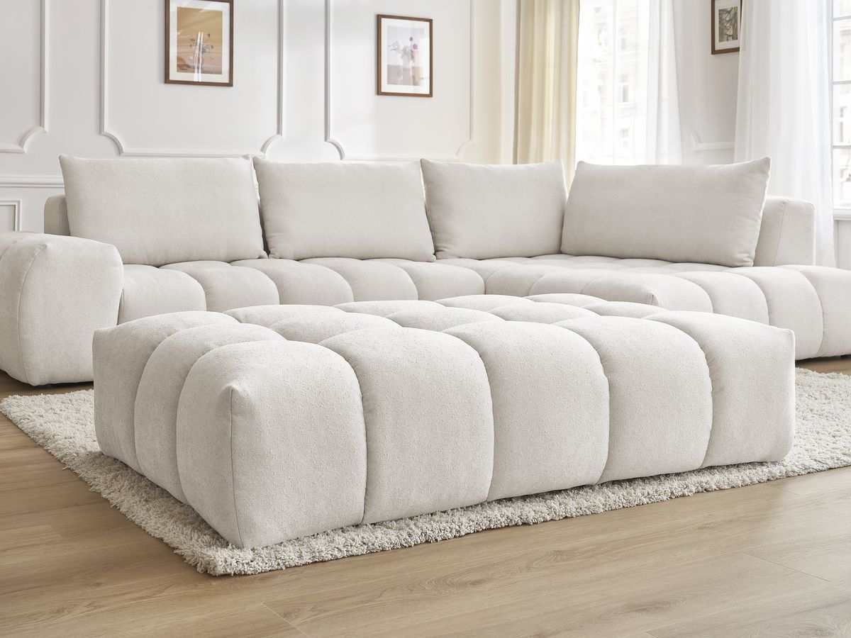 Bobochic Everest Ecksofa mit Schlaffunktion und Pouf, 4 Kissen Strukturstoff Weiß Ecke rechts