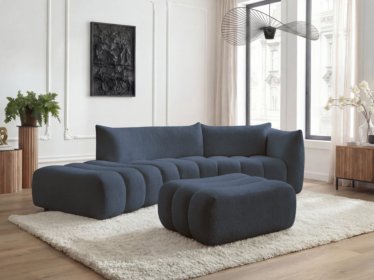 Bobochic Azra Ecksofa mit Pouf 325 × 112 cm Bouclé-Stoff Dunkelblau Ecke rechts