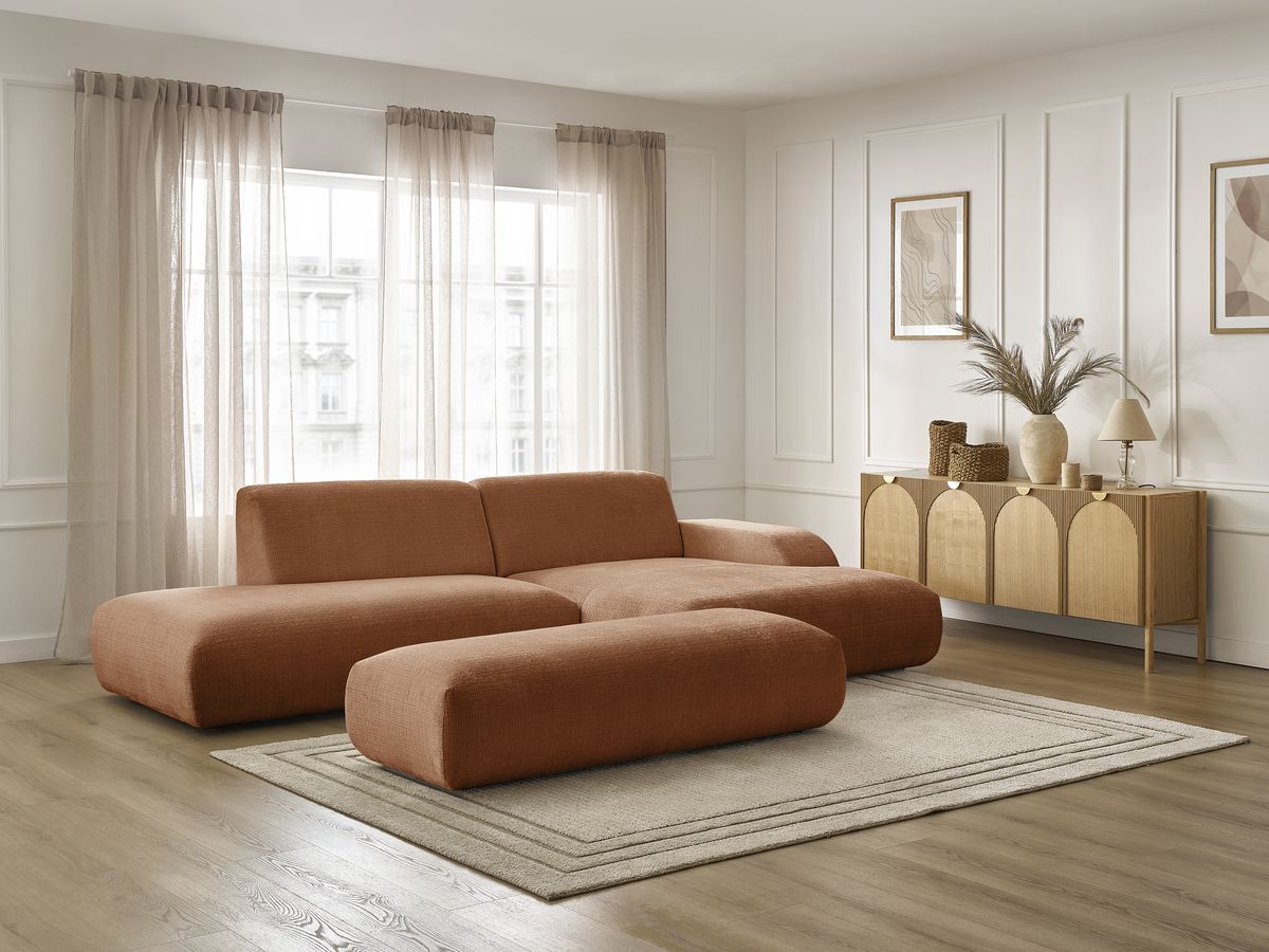 Bobochic Sirius Ecksofa mit Pouf 300 × 170 cm Strukturstoff Orange Ecke rechts