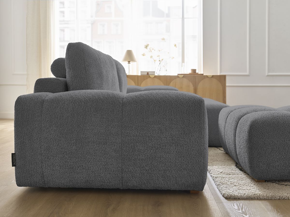 Bobochic Anakin Ecksofa mit Pouf, 2 Kissen Bouclé-Stoff Dunkelgrau