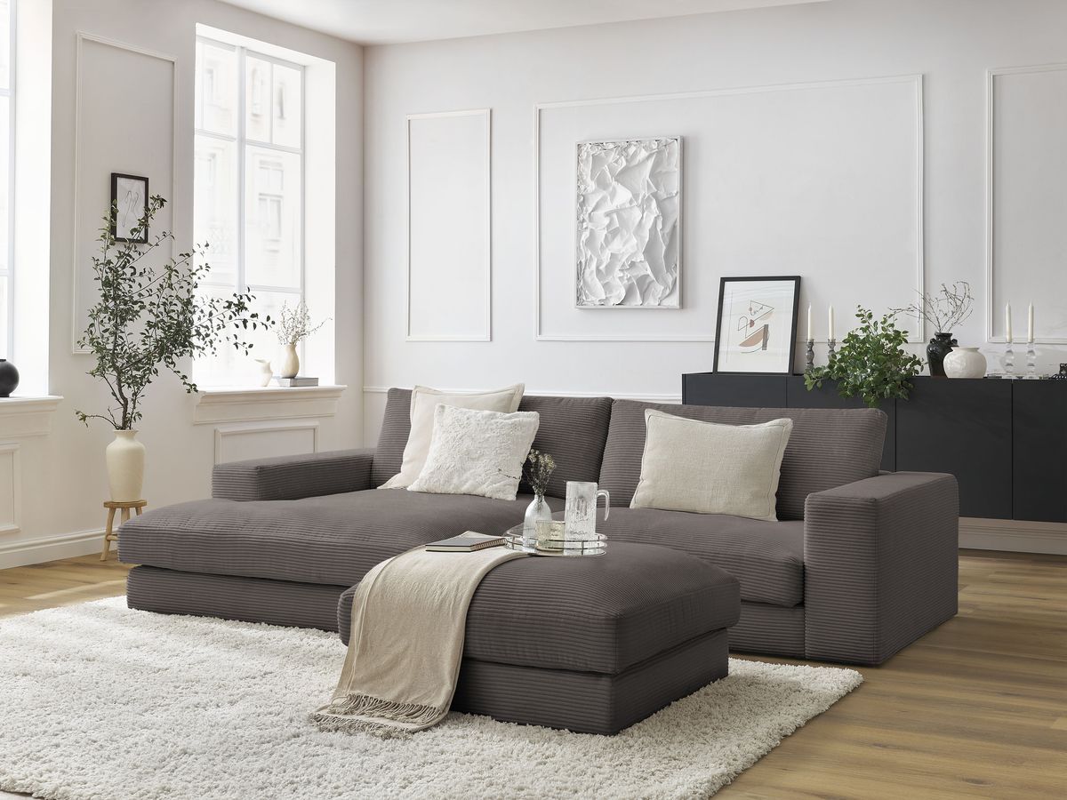 Bobochic Leonard Ecksofa mit Pouf 234 × 159 cm Cordsamt Braun Ecke links