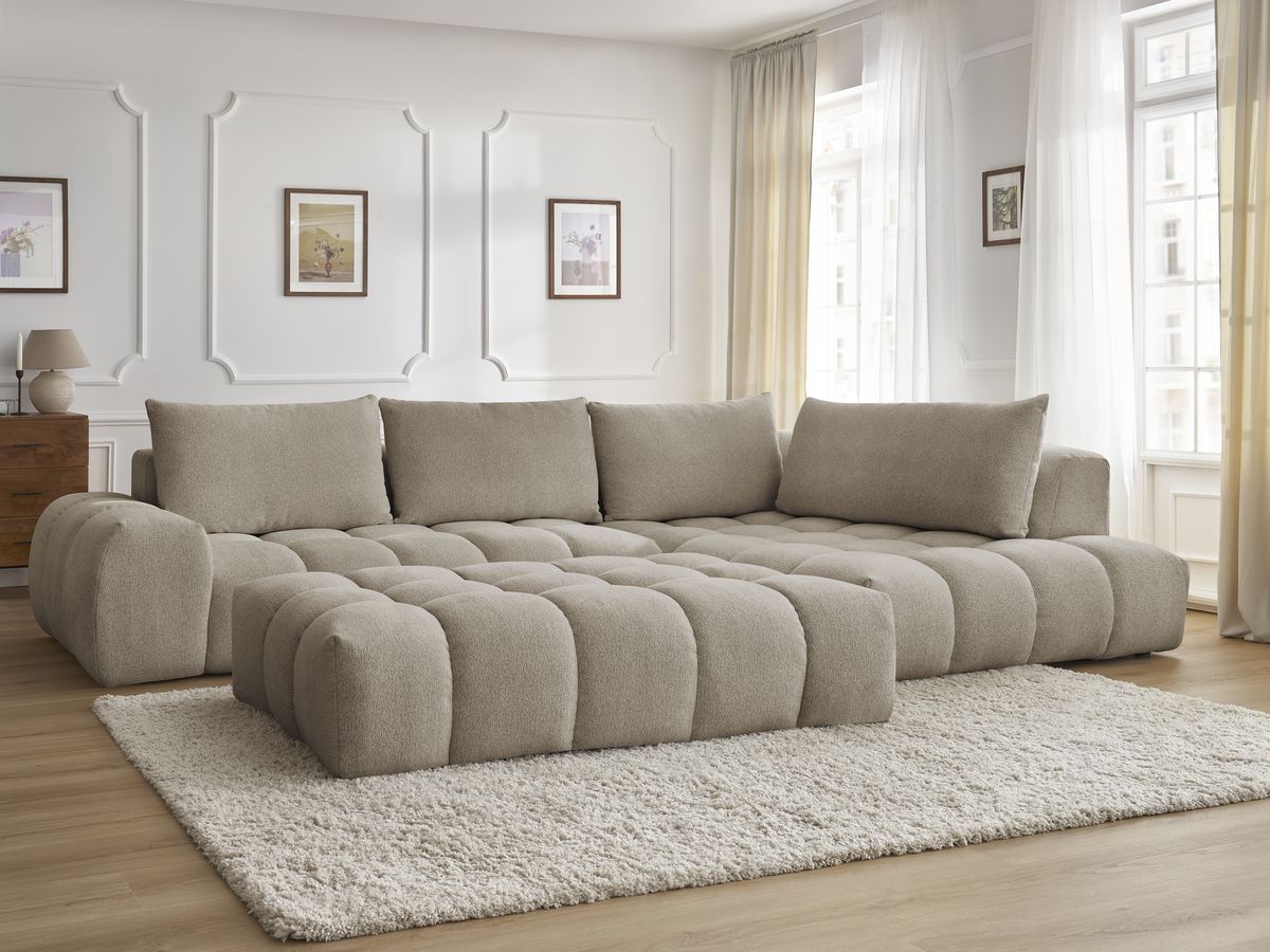 Bobochic Everest Ecksofa mit Schlaffunktion und Pouf, 4 Kissen Melange-Stoff Taupe Ecke rechts