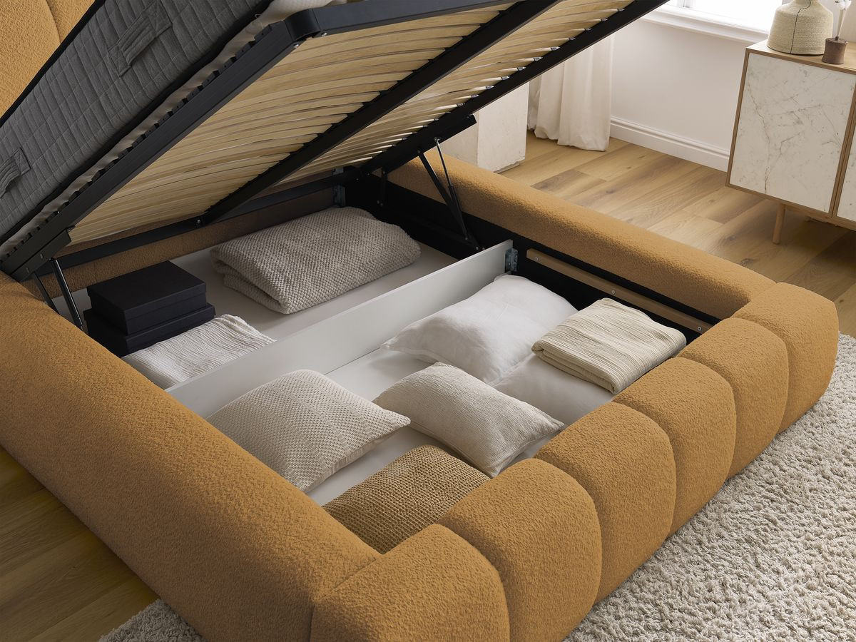 Bobochic Denali Polsterbett mit Bettkasten Bouclé-Stoff Gelb, Liegefläche 140 × 190 cm