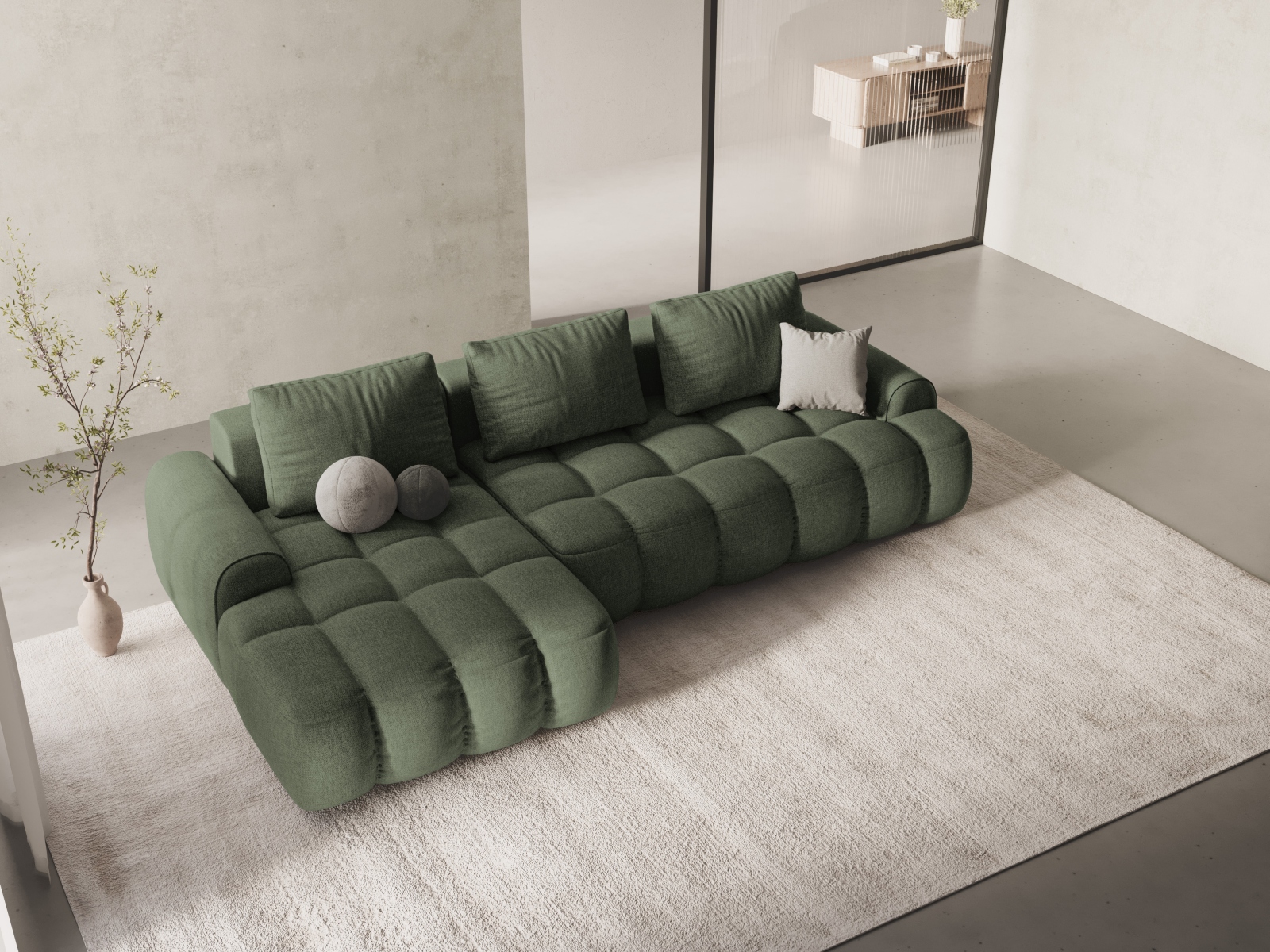 Cosmopolitan Design Ecksofa Linz 3-Sitzer mit Schlaffunktion Strukturierter Stoff Sorella Dunkles Olivgrün Links
