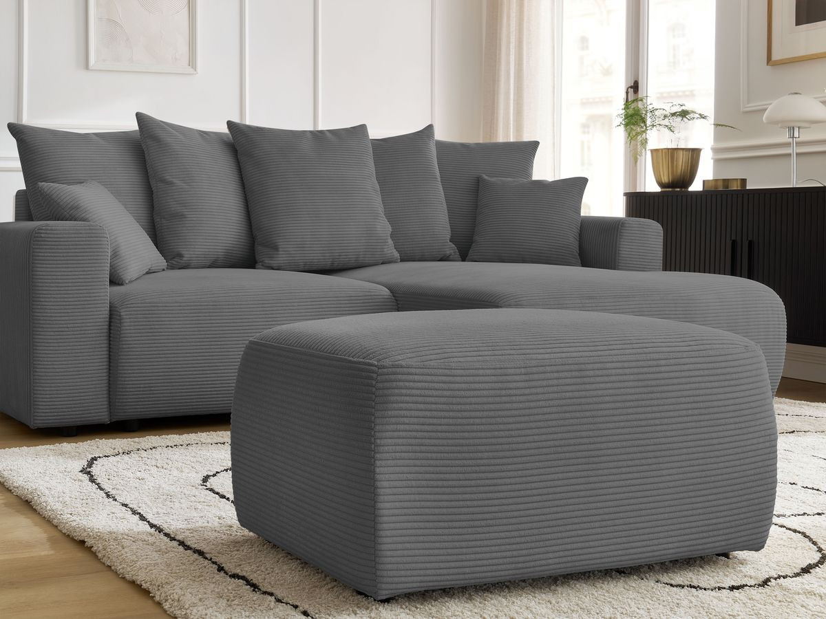 Bobochic Atilla Ecksofa mit Schlaffunktion und Bettkasten und Pouf Cordsamt Dunkelgrau Ecke rechts