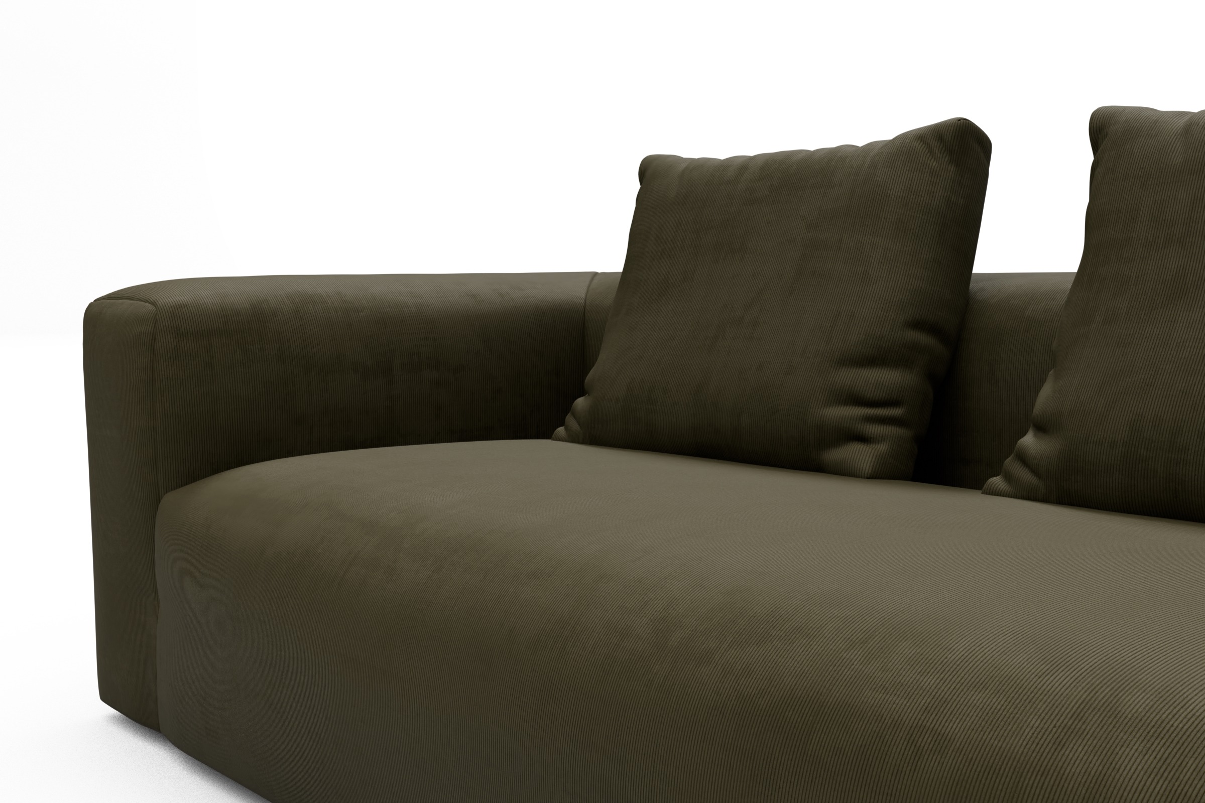 Wohnlandschaft Fred Chaiselongue rechts mit 2-Sitzer und lange Armlehne links Cordufine-Pine-Green