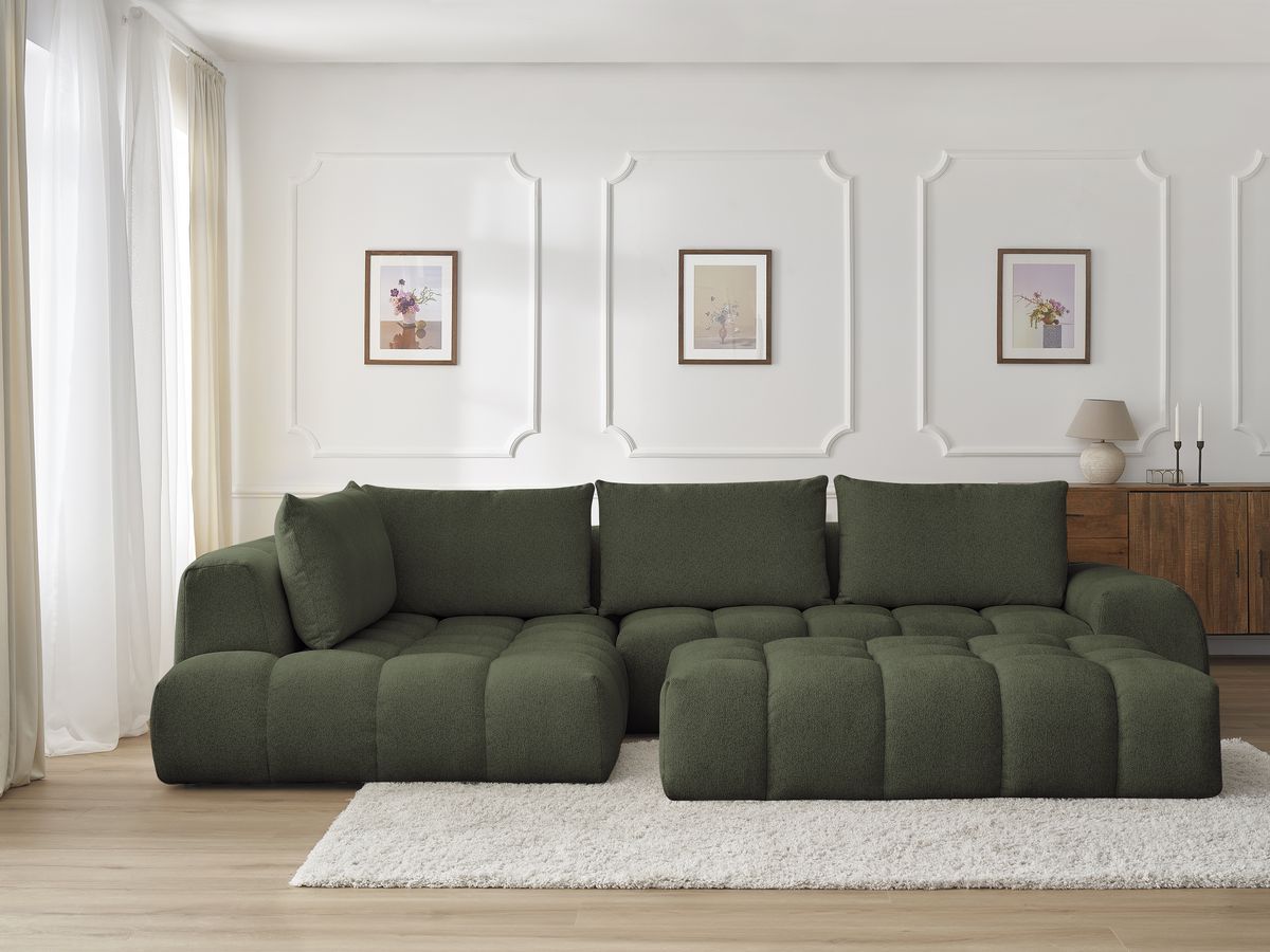 Bobochic Everest Ecksofa mit Schlaffunktion und Pouf, 4 Kissen Melange-Stoff Grün Ecke links