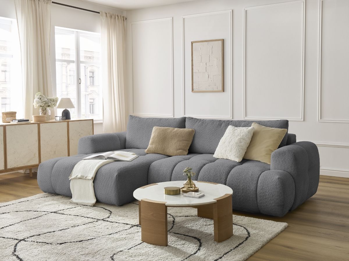 Bobochic Fuji Ecksofa mit Schlaffunktion und Bettkasten 292 × 160 cm Bouclé-Stoff Dunkelgrau Ecke links