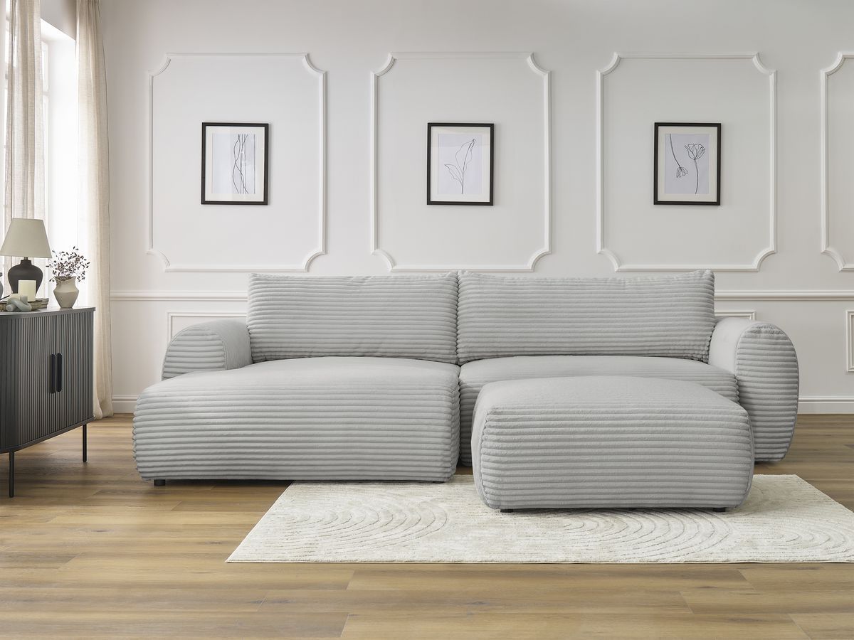 Bobochic Lucien Ecksofa mit Schlaffunktion und Bettkasten und Pouf 314 × 167 cm Breitcord weich Hellgrau Ecke links