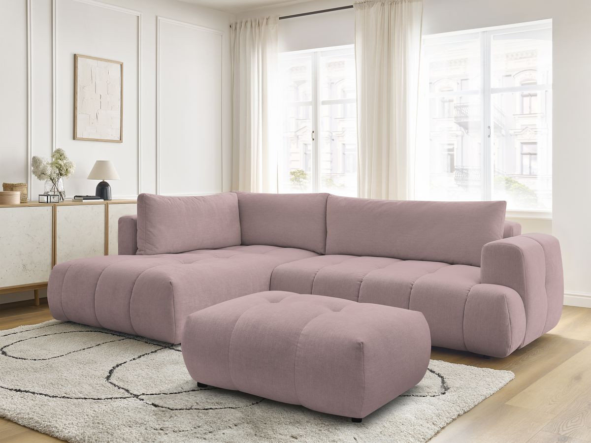 Bobochic Fuji Ecksofa mit Schlaffunktion und Bettkasten und Pouf 282 × 204 cm Stoff Rosa Ecke links