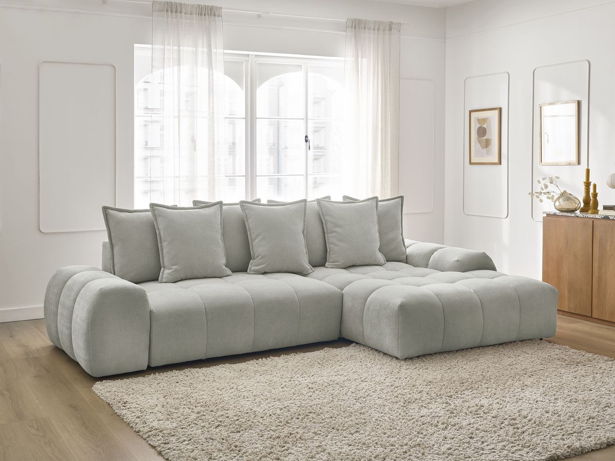 Bobochic Everest Ecksofa mit Schlaffunktion und Bettkasten 318 × 180 cm, 7 Kissen Strukturstoff Hellgrau Ecke rechts