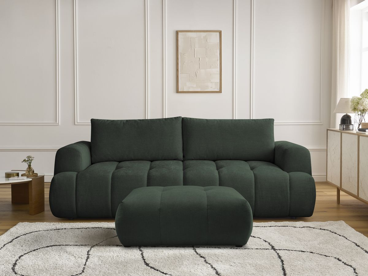 Bobochic Fuji Schlafsofa 3-Sitzer mit Bettkasten und Pouf Stoff Grün