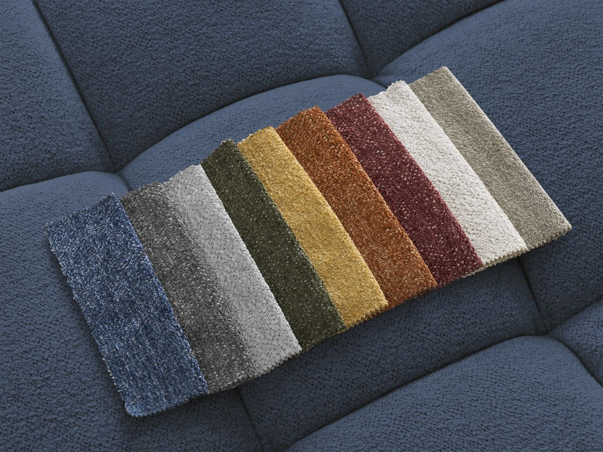 Bobochic Everest Ecksofa mit Schlaffunktion und Bettkasten 318 × 180 cm, 3 Kissen Melange-Stoff Dunkelblau Ecke rechts