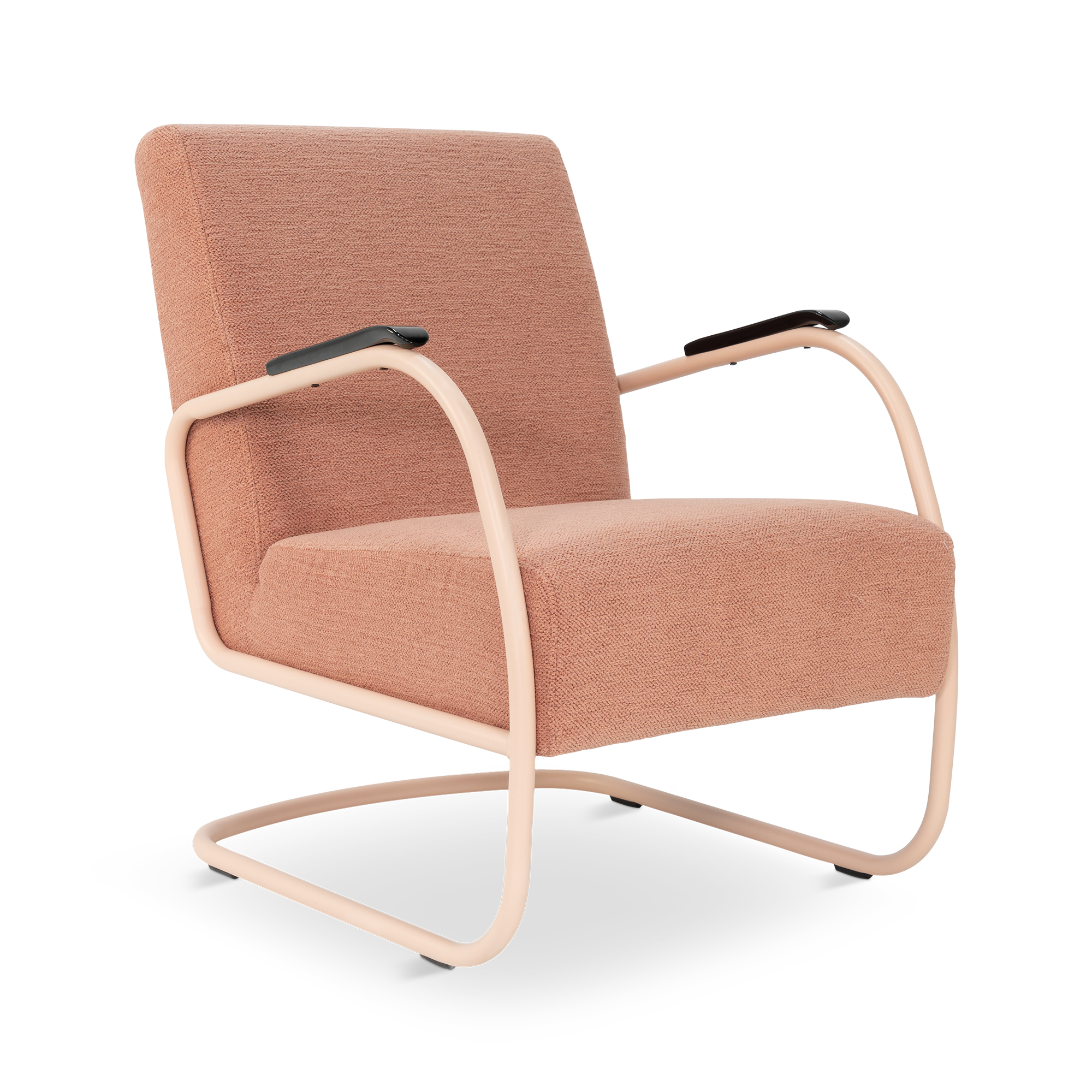 Spinder Design Retro Sessel Peachy Rosé / Blush Bouclé – Schrägansicht von vorn, freigestellt