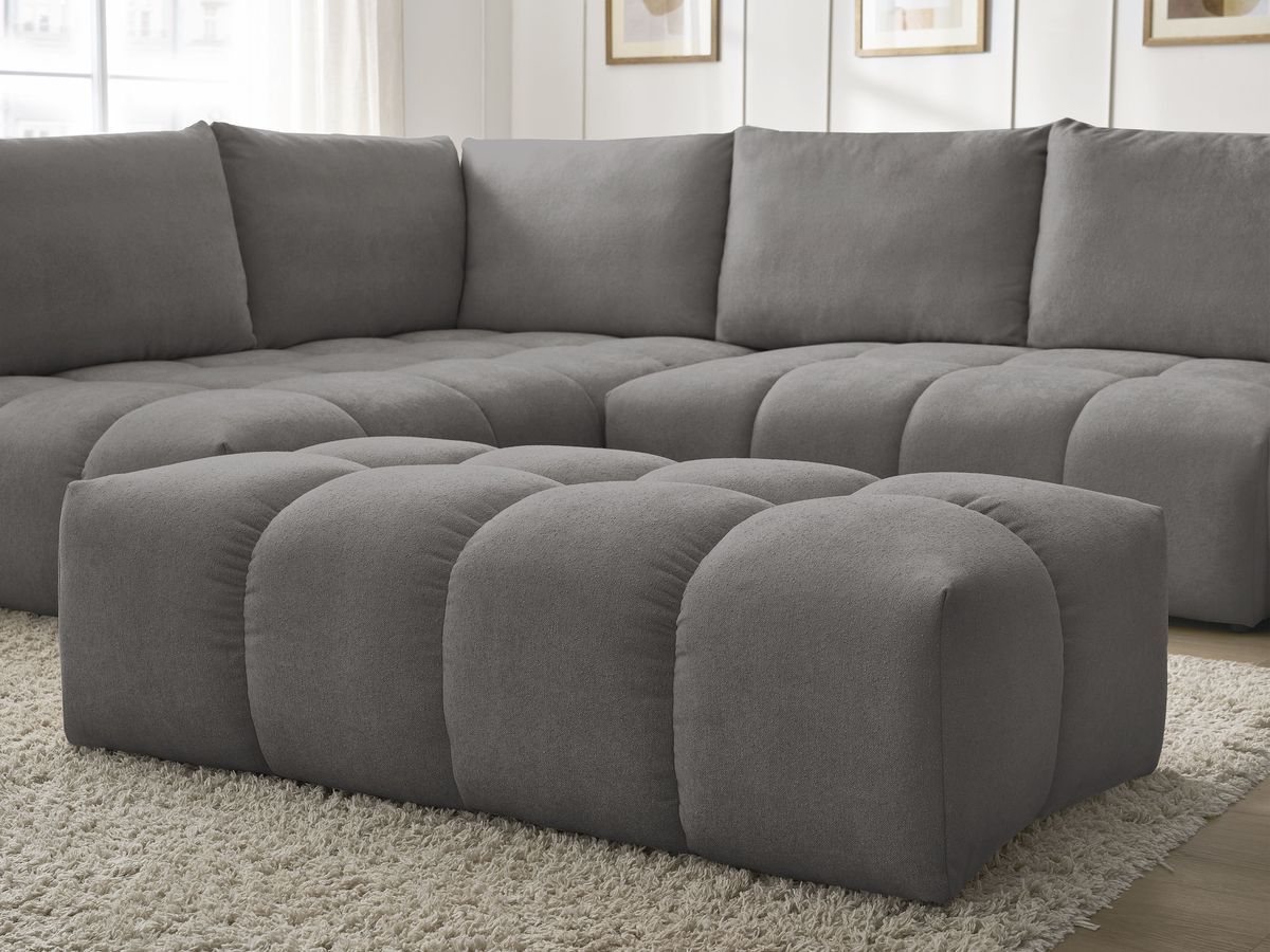 Bobochic Everest Ecksofa mit Schlaffunktion und Bettkasten und Pouf 320 × 212 cm, 5 Kissen Strukturstoff Dunkelgrau Ecke links