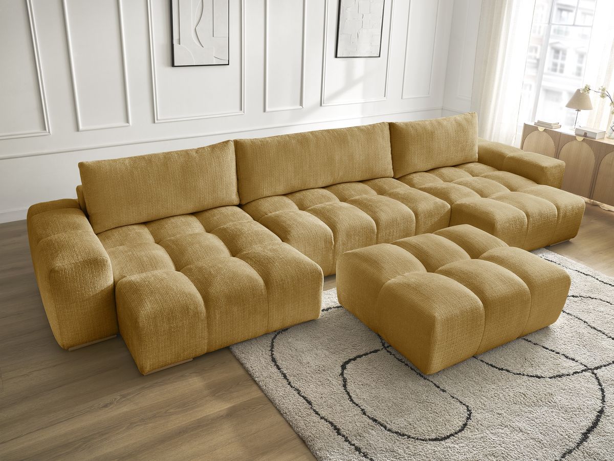 Bobochic Anakin Wohnlandschaft mit Pouf, 3 Kissen Strukturstoff Gelb