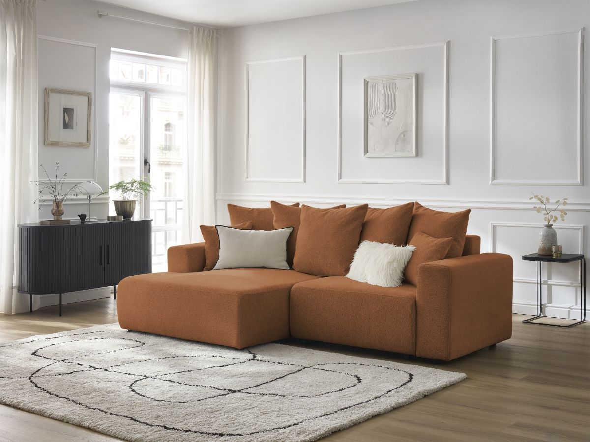 Bobochic Atilla Ecksofa mit Schlaffunktion und Bettkasten Melange-Stoff Orange Ecke links