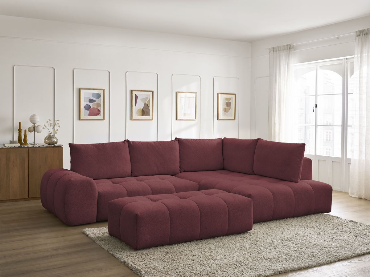 Bobochic Everest Ecksofa mit Schlaffunktion und Bettkasten und Pouf 320 × 212 cm, 5 Kissen Melange-Stoff Rot Ecke rechts