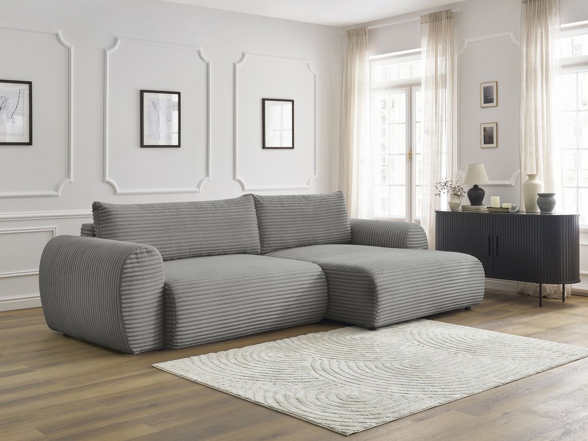 Bobochic Lucien Ecksofa mit Schlaffunktion und Bettkasten 314 × 167 cm Breitcord weich Dunkelgrau Ecke rechts