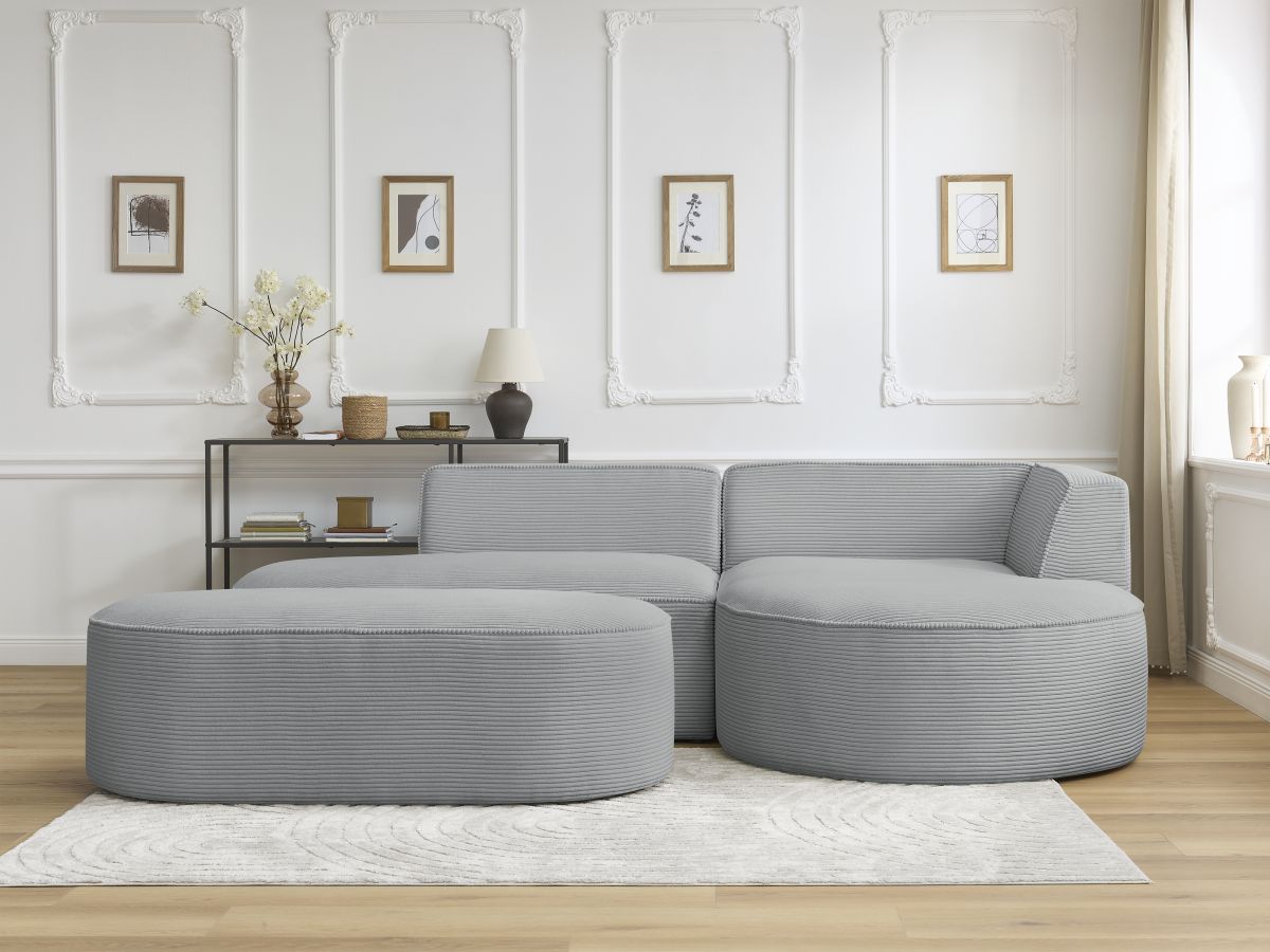 Bobochic Rousseau Ecksofa mit Pouf Cordsamt Hellgrau Ecke rechts