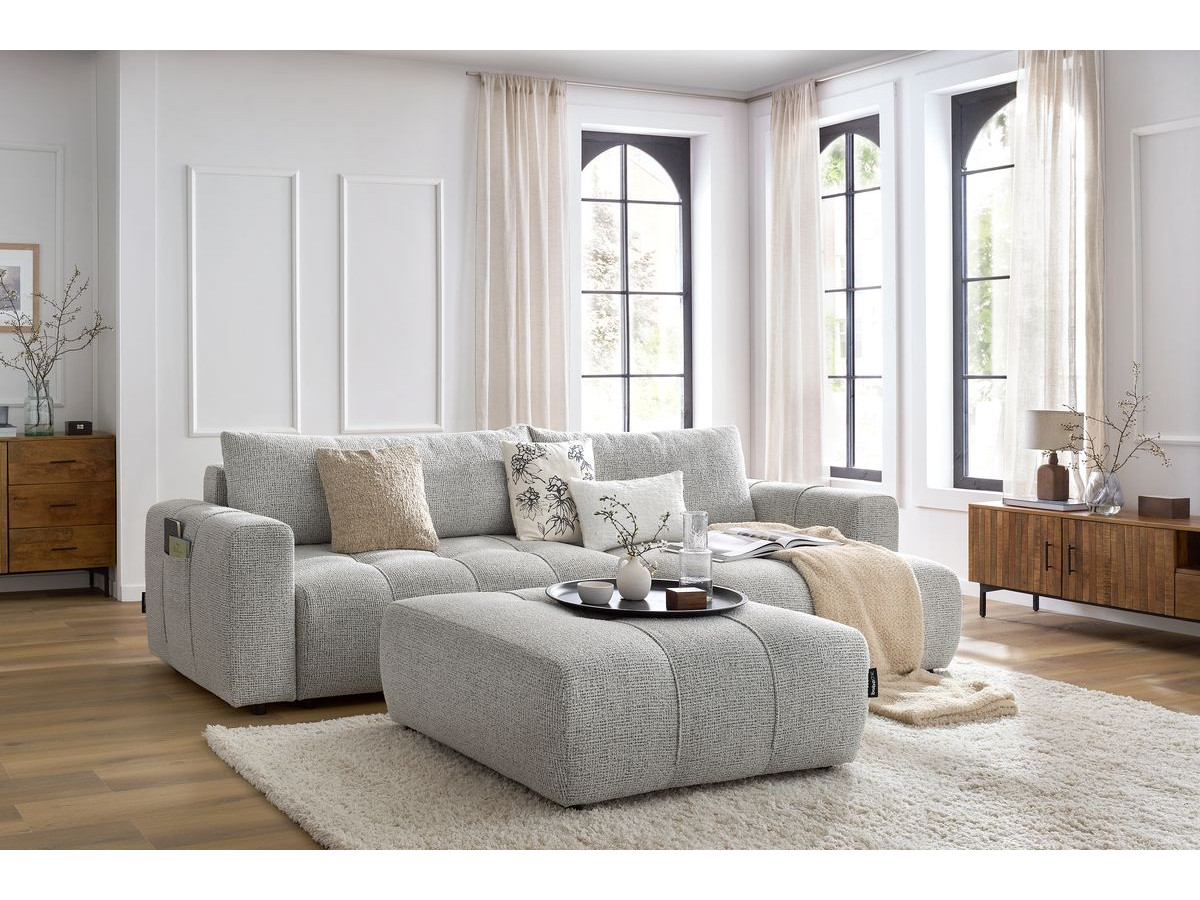 Bobochic Arsene Ecksofa mit Schlaffunktion und Bettkasten und Pouf 288 × 148 cm Melange-Stoff Hellgrau