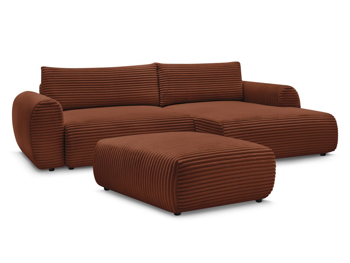 Bobochic Lucien Ecksofa mit Schlaffunktion und Bettkasten und Pouf 314 × 167 cm Breitcord weich Orange Ecke rechts