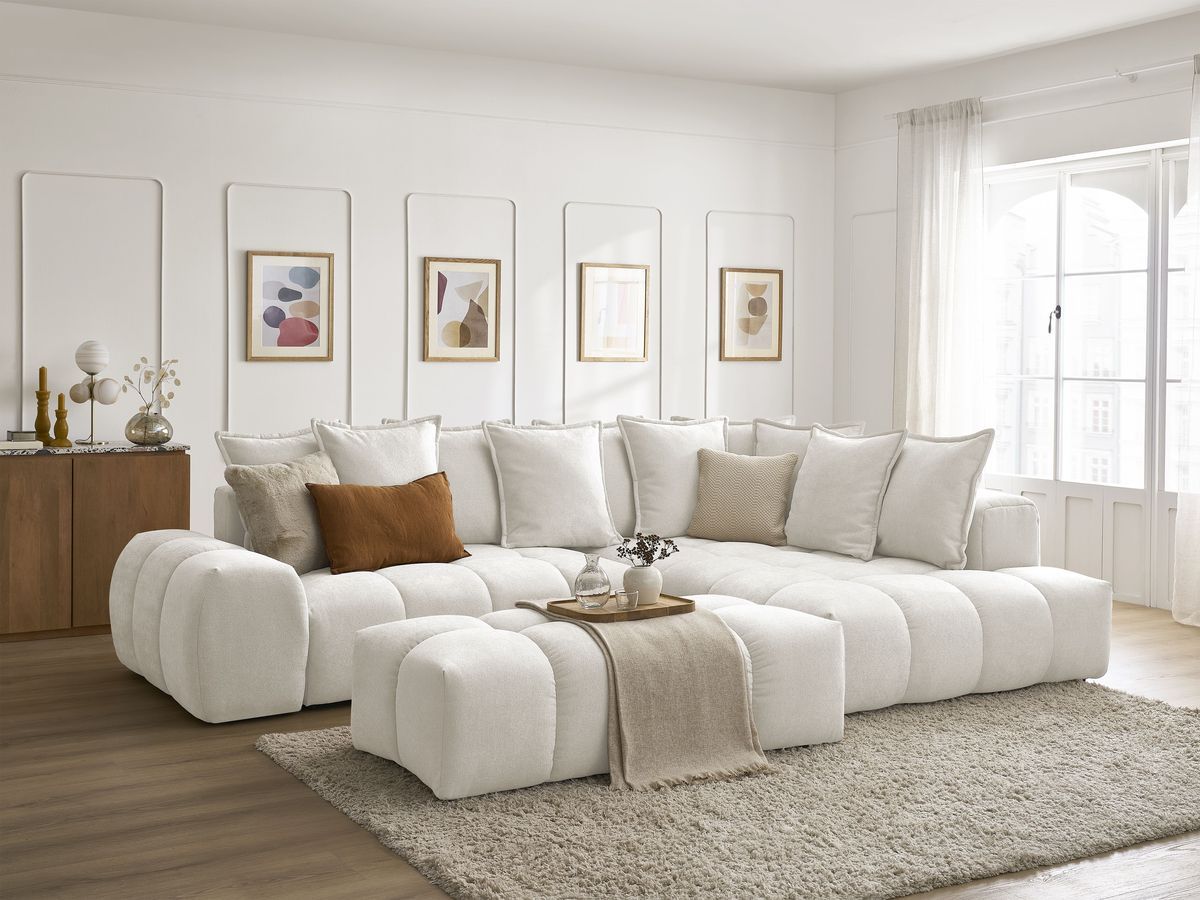 Bobochic Everest Ecksofa mit Schlaffunktion und Bettkasten und Pouf 320 × 212 cm, 10 Kissen Strukturstoff Weiß Ecke rechts