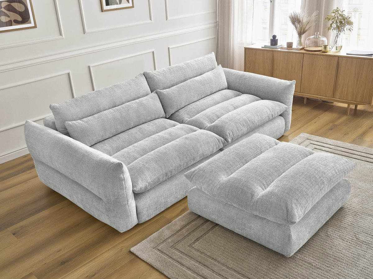Bobochic Neil Sofa 3-Sitzer mit Pouf Strukturstoff Hellgrau