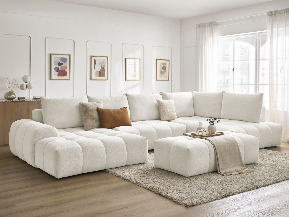 Bobochic Everest Wohnlandschaft mit Pouf, 6 Kissen Melange-Stoff Weiß Ecke links