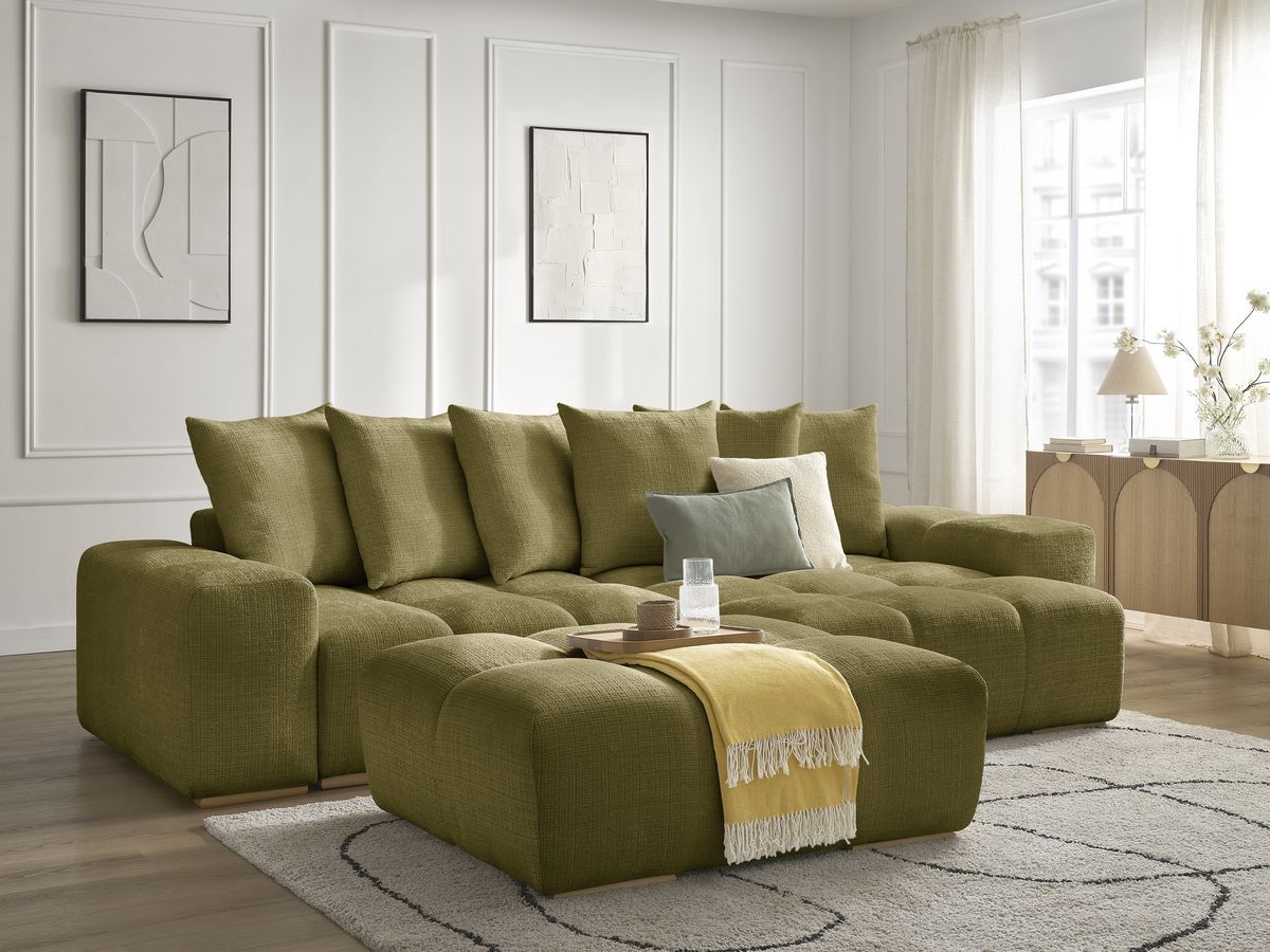 Bobochic Anakin Ecksofa mit Schlaffunktion und Bettkasten und Pouf, 6 Kissen Strukturstoff Grün
