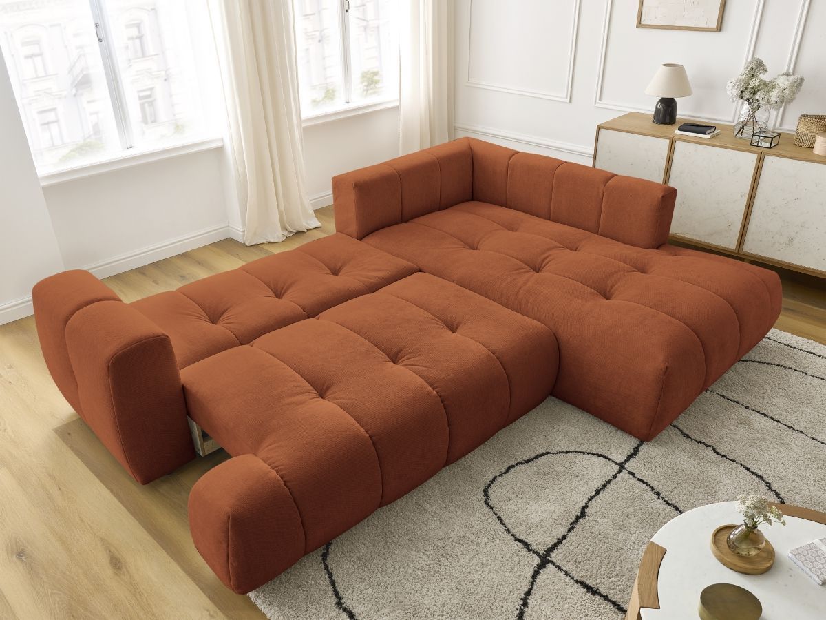 Bobochic Fuji Ecksofa mit Schlaffunktion und Bettkasten 282 × 204 cm Stoff Orange Ecke rechts