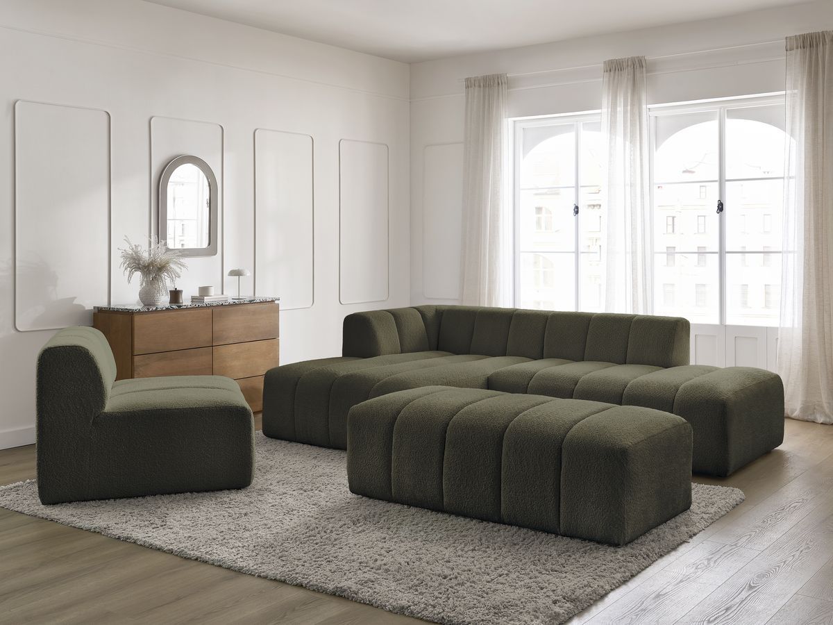 Bobochic Annecy Ecksofa mit Sofamodul und Pouf Bouclé-Stoff Grün Ecke links