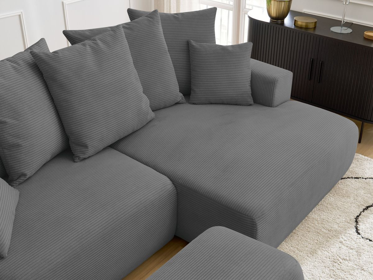 Bobochic Atilla Ecksofa mit Schlaffunktion und Bettkasten und Pouf Cordsamt Dunkelgrau Ecke rechts