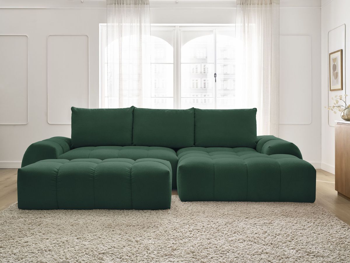 Bobochic Everest Ecksofa mit Schlaffunktion und Bettkasten und Pouf 318 × 180 cm, 3 Kissen Strukturstoff Grün Ecke rechts