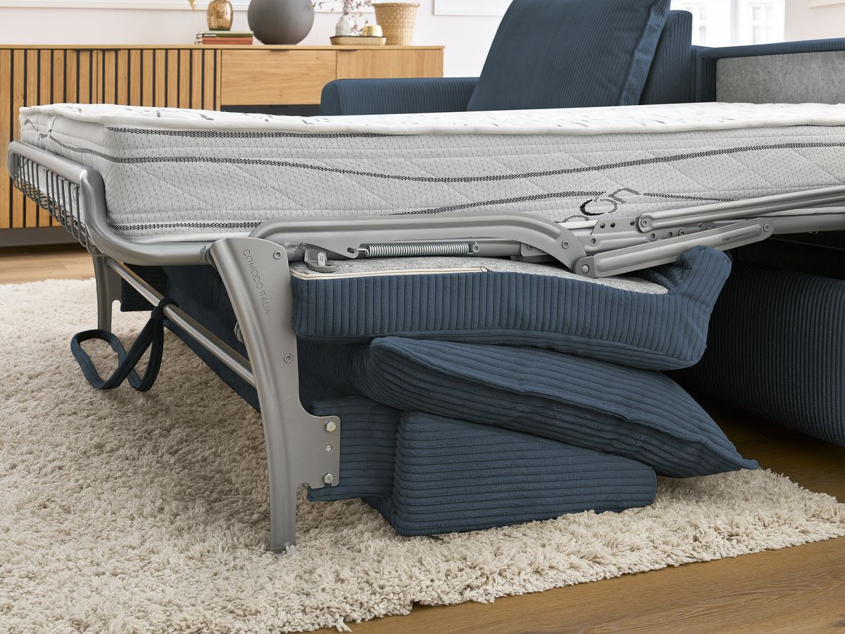 Bobochic Augustin Ecksofa mit Schlaffunktion und Bettkasten Cordsamt Dunkelblau, Liegefläche 160 × 200 cm