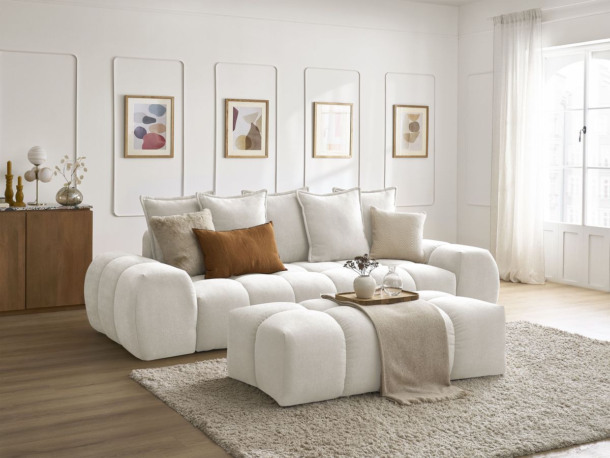 Bobochic Everest Schlafsofa 3-Sitzer mit Bettkasten und Pouf, 5 Kissen Strukturstoff Weiß