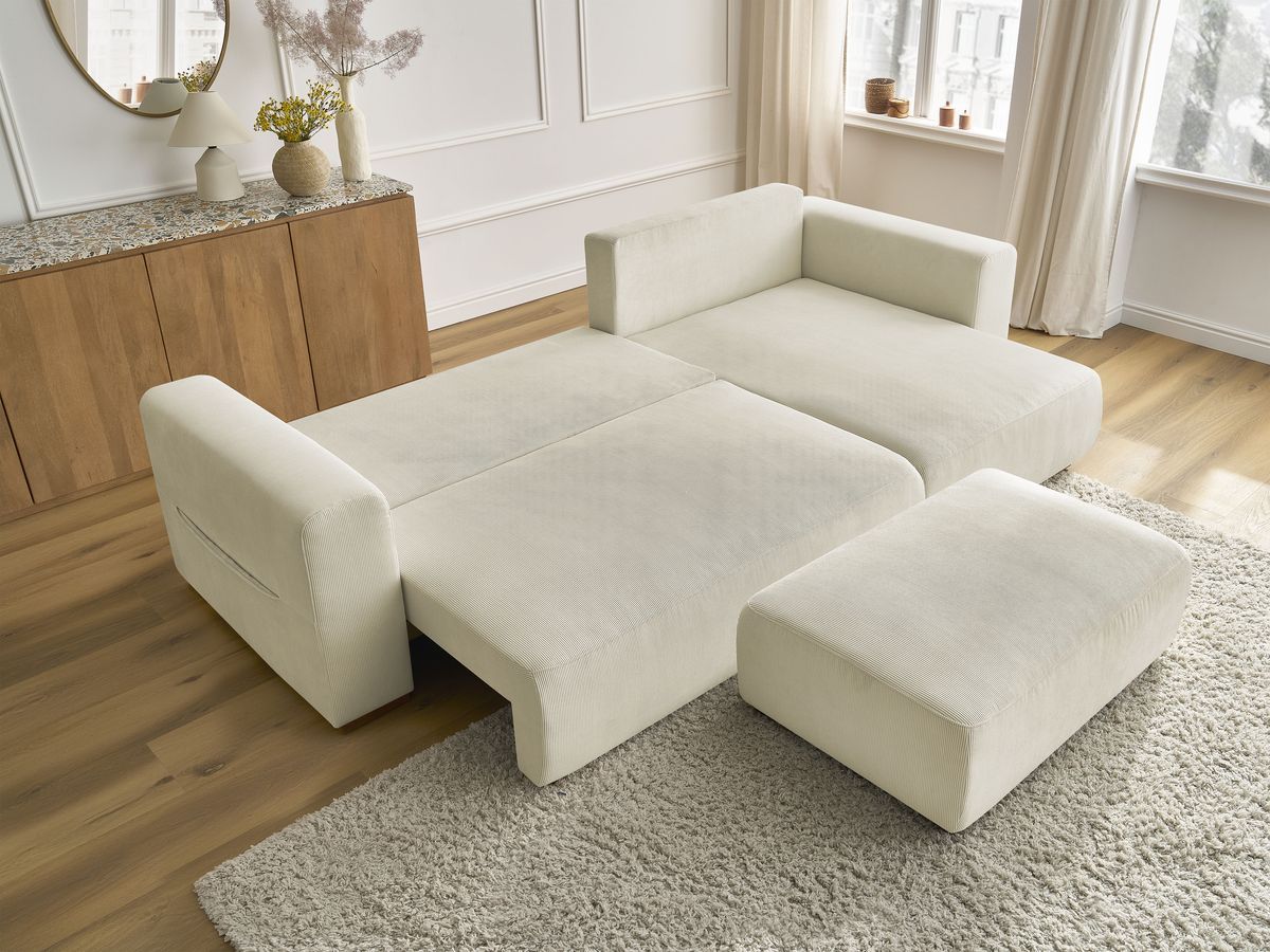 Bobochic Sidonie Ecksofa mit Schlaffunktion und Bettkasten und Pouf Cordsamt Beige