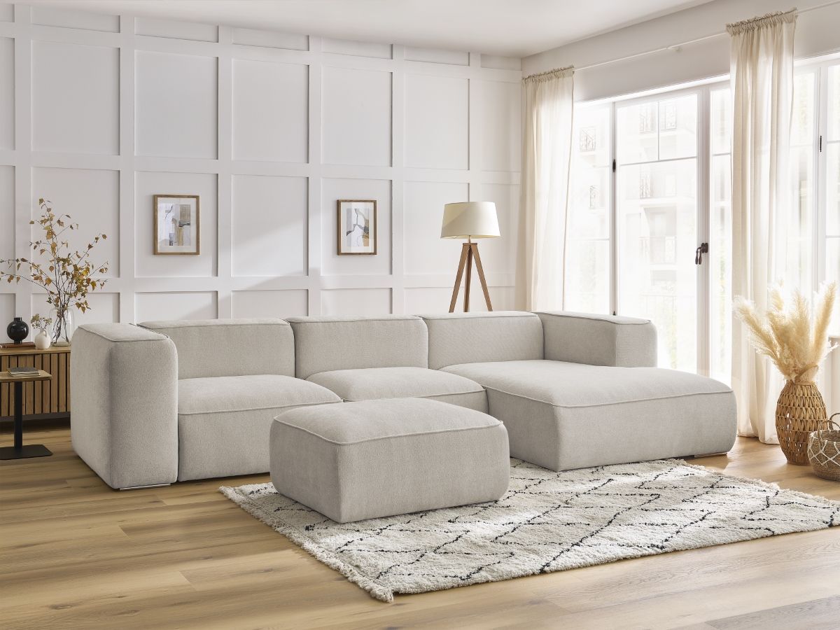 Bobochic Zephyr Ecksofa mit Pouf 349 × 165 cm Strukturstoff Beige Ecke rechts