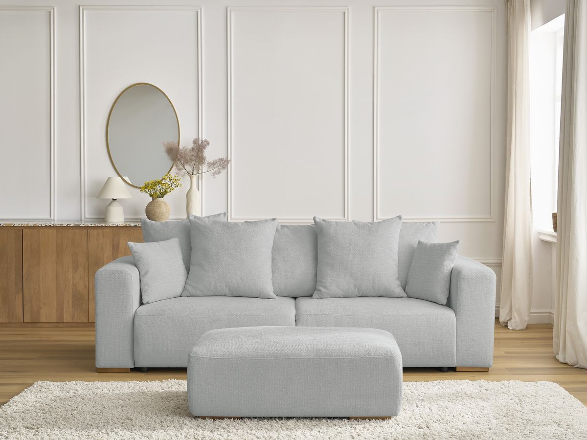 Bobochic Sidonie Schlafsofa 4-Sitzer mit Bettkasten und Pouf Melange-Stoff Hellgrau