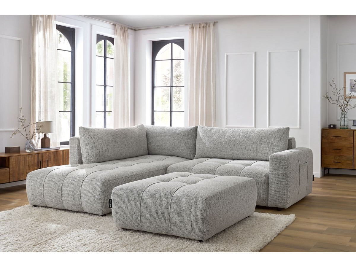 Bobochic Arsene Ecksofa mit Schlaffunktion und Bettkasten und Pouf 277 × 200 cm Melange-Stoff Hellgrau Ecke links